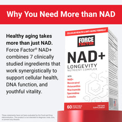 Force Factor NAD+ label highlighting resveratrol, astaxanthin, and luteolin.