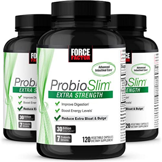 Force Factor ProbioSlim bottle with label highlighting 30B CFUs for digestion.