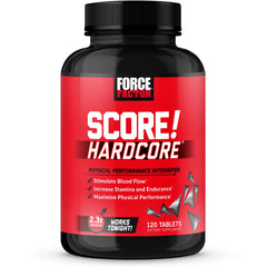 Force Factor SCORE! Hardcore bottle front for on-the-go nitric oxide support during workouts.