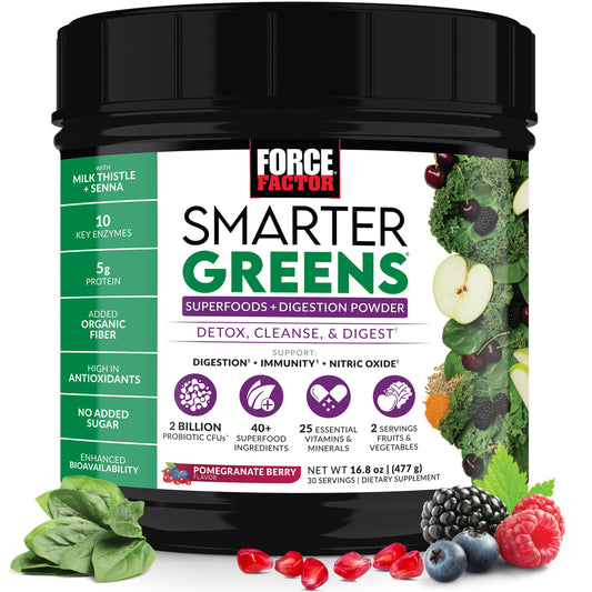 Force Factor Smarter Greens bottle on a kitchen counter, supporting daily nutrition and wellness.