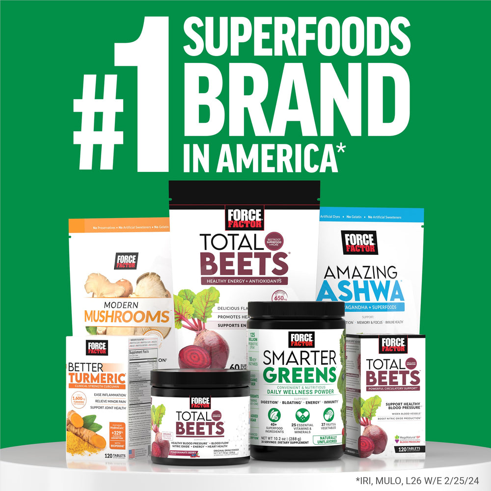 Force Factor Smarter Greens flavor-free powder image suggests versatile mix with foods.