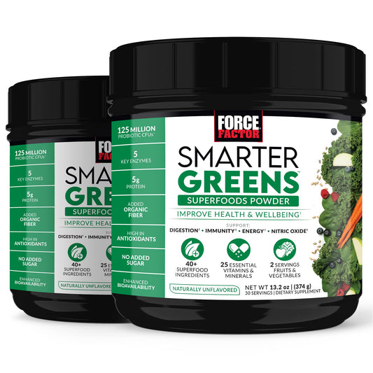 Force Factor Smarter Greens powder bottle displayed on kitchen counter for daily energy support.