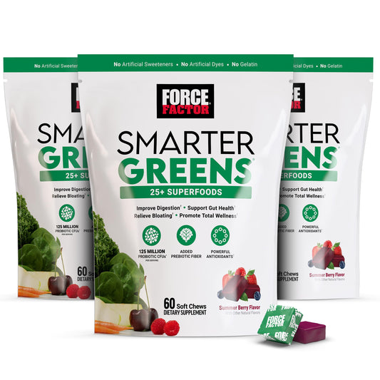 Force Factor Smarter Greens bottle shows convenient daily greens with probiotics.