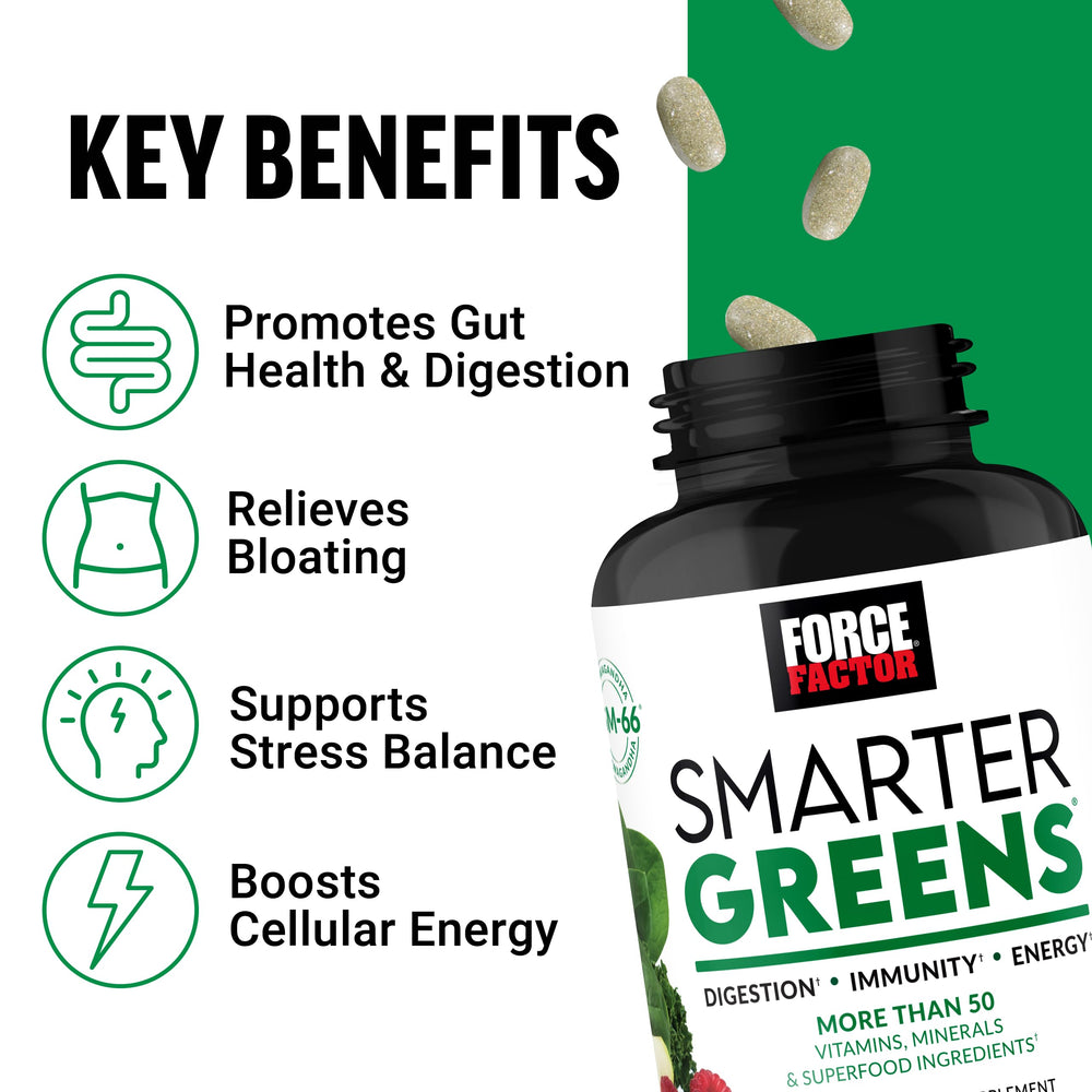Force Factor Smarter Greens bottle-back nutrition label highlights 25+ superfoods and antioxidants.
