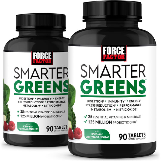 Force Factor Smarter Greens tablets bottle front shows convenient daily nutrition option.