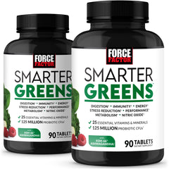 Force Factor Smarter Greens tablets bottle front shows convenient daily nutrition option.