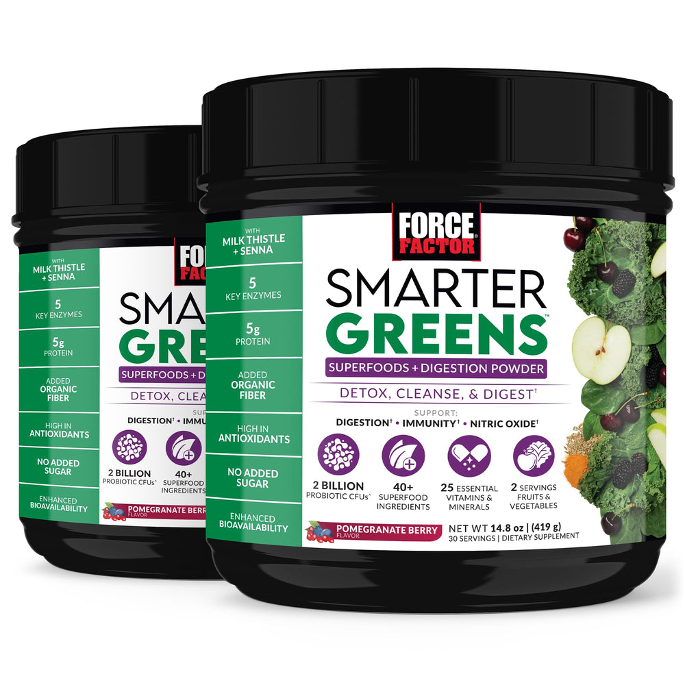 Force Factor Smarter Greens tub front highlighting 40+ superfoods for daily nutrition