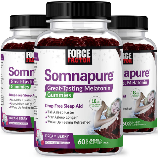 Force Factor Somnapure Gummies bottle illustrating melatonin support for sleep routine