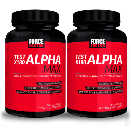 Force Factor Test X180 Alpha Max bottle front with 360 capsules for testosterone support.