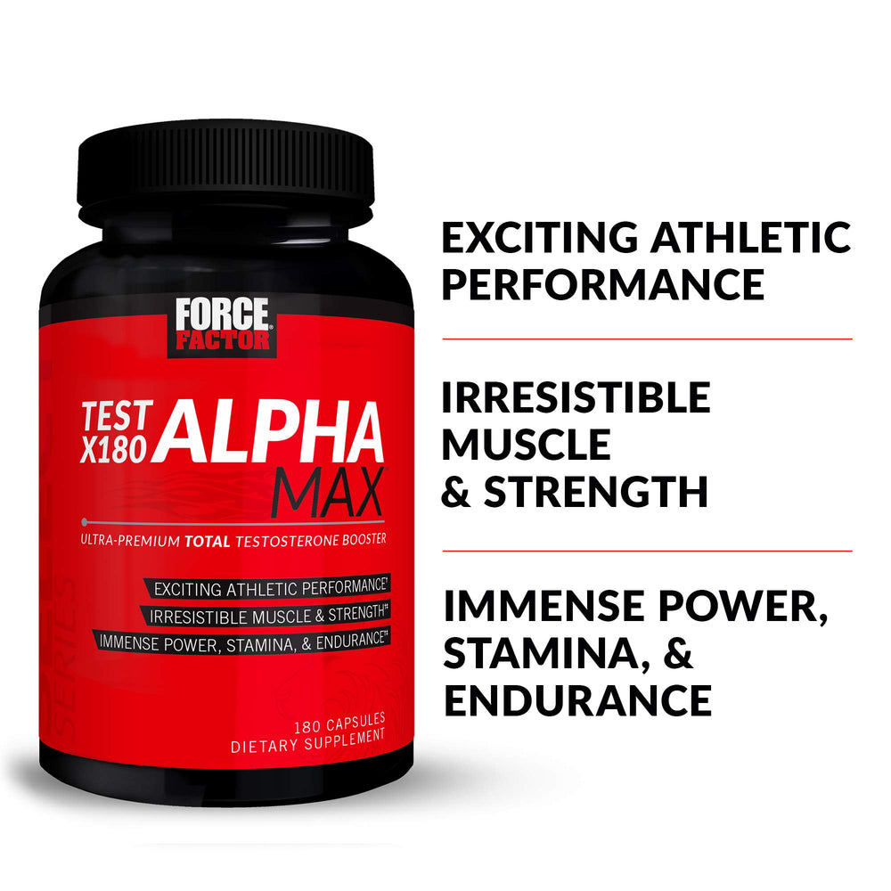 Force Factor Test X180 Alpha Max capsules closeup – convenient capsules to fuel workouts.
