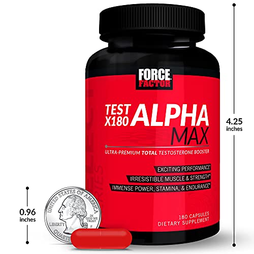 Force Factor Test X180 Alpha Max graphic highlights testosterone and nitric oxide support.