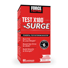 Force Factor Test X180 Surge bottle front shows premium vitality theme.