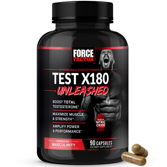 Force Factor Test X180 Unleashed bottle front for daily vitality support.