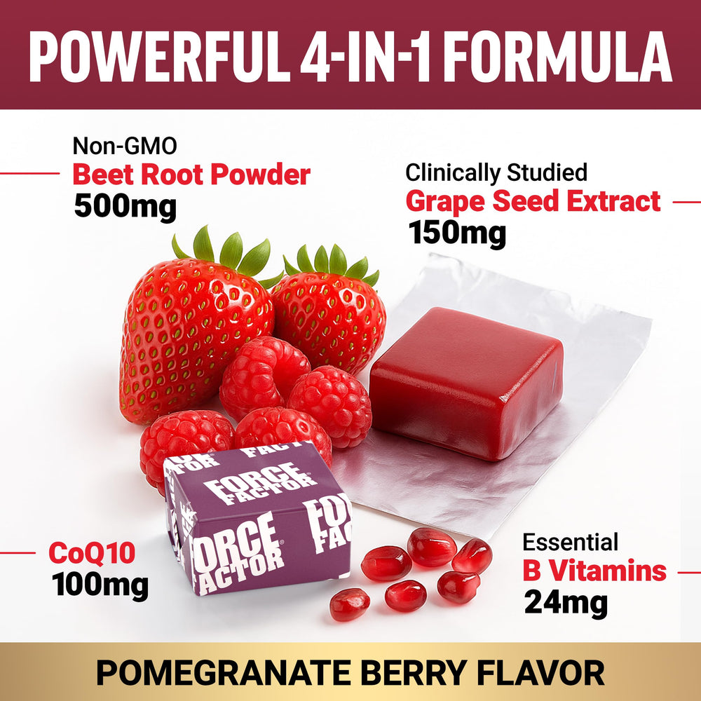 Force Factor Total Beets bottle-open reveals easy-to-chew soft chews