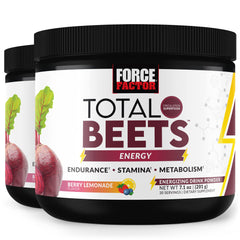 Force Factor Total Beets Energy Powder tub front shows 60 servings ready to energize your day.