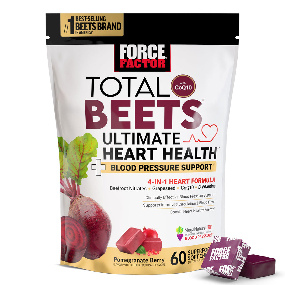 Force Factor Total Beets jar-front shows fruity chews for a convenient daily heart-health dose