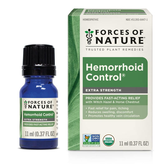 Forces of Nature hemorrhoid treatment bottle ready for on-the-go relief.