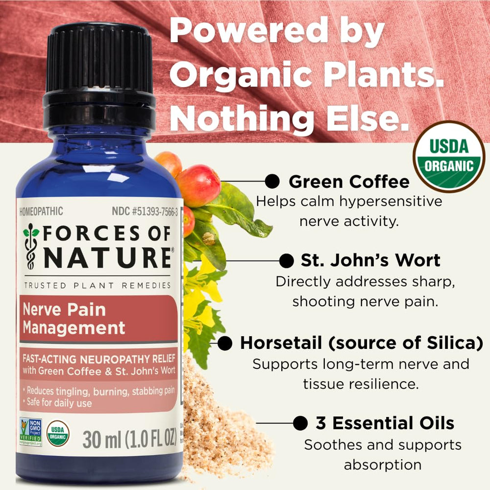 Forces of Nature Nerve Pain Relief ingredients visual features Coffea and lavender blend