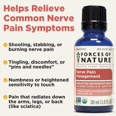 Forces of Nature Nerve Pain Relief label closeup highlights organic ingredients and certifications