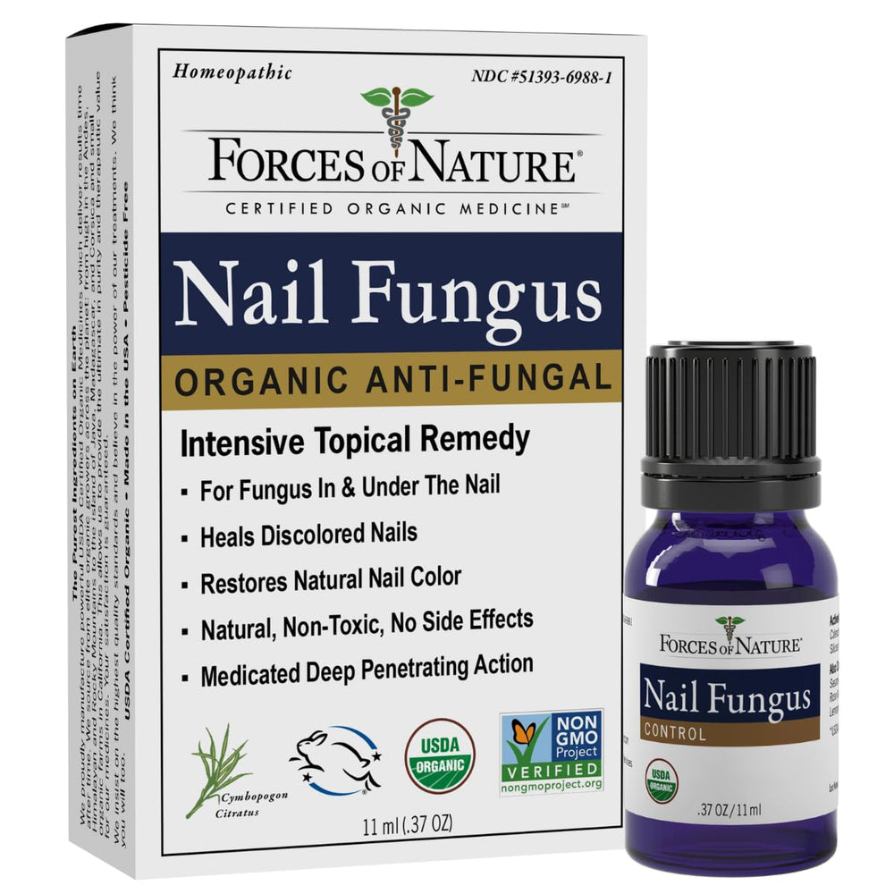 Forces of Nature bottle demonstrates organic antifungal formula for healthier nail appearance.