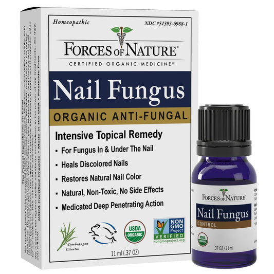 Forces of Nature bottle demonstrates organic antifungal formula for healthier nail appearance.