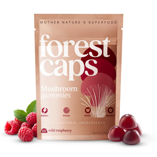 Forest Caps Mushroom Gummies bottle easy daily dosing for focus