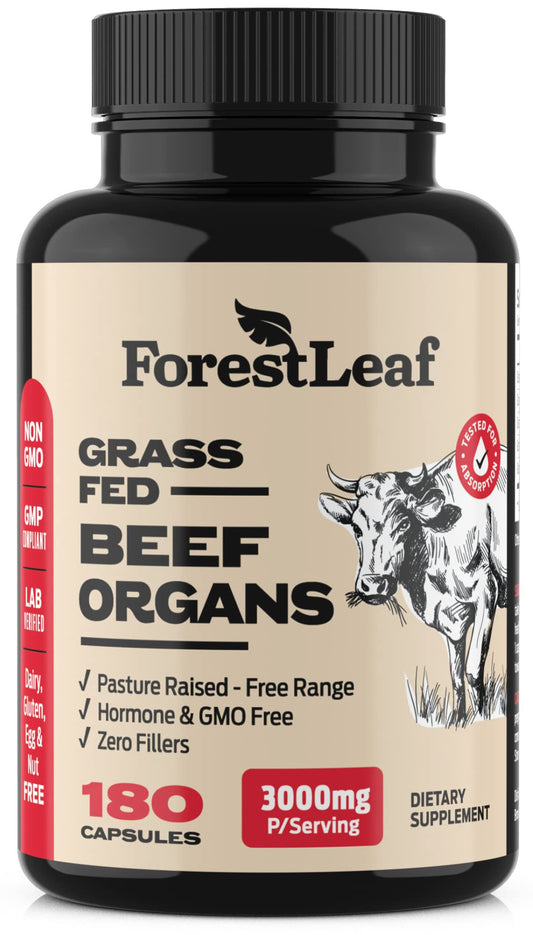 ForestLeaf Beef Organ Supplement bottle showing full ingredient lineup for daily vitality