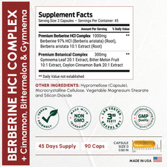 ForestLeaf Berberine ingredients panel highlights cinnamon, bitter melon and gymnema