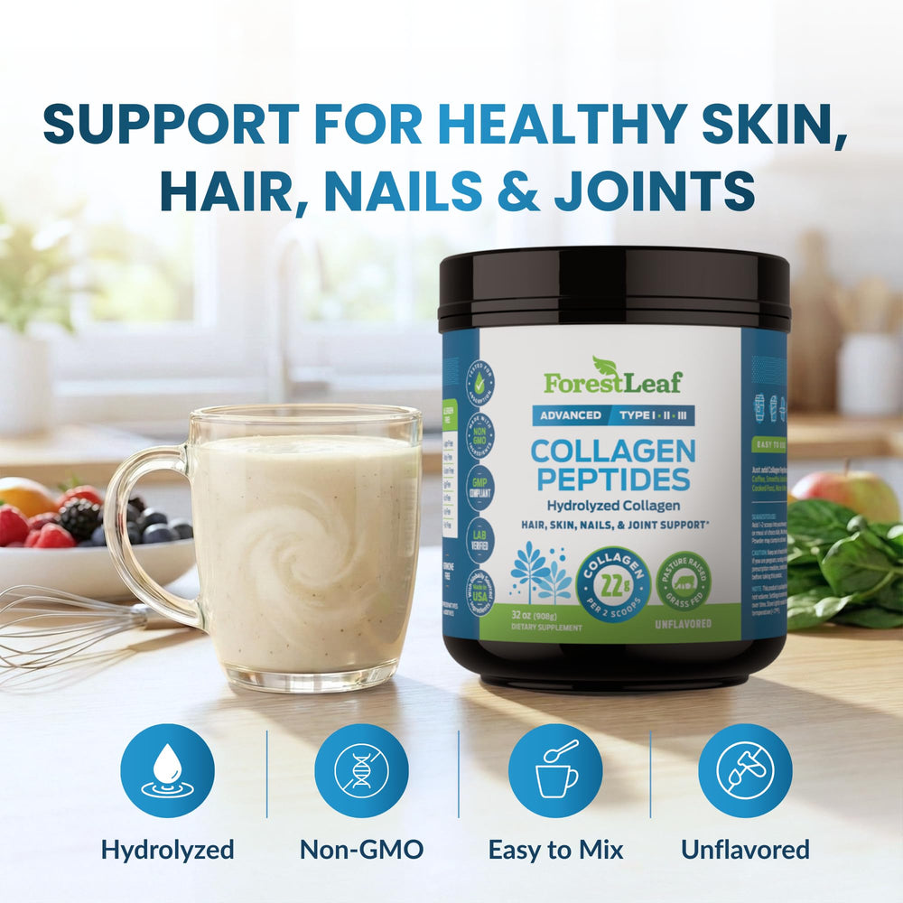 ForestLeaf collagen powder scoop beside jar for easy measurement.