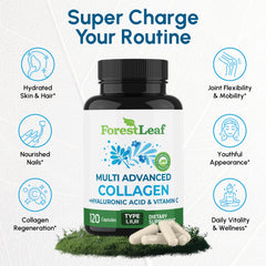 ForestLeaf multi-collagen pills label detail highlights ingredients and benefits.