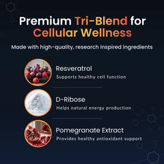 ForestLeaf NAD+ Resveratrol with D-Ribose graphic suggests added energy support