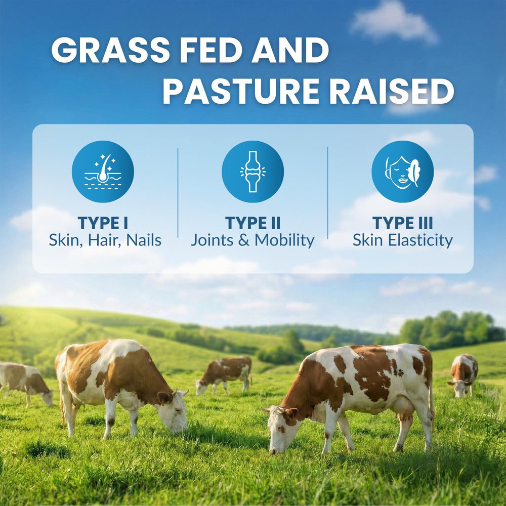 Pasture-raised ForestLeaf collagen powder beside glass of water.