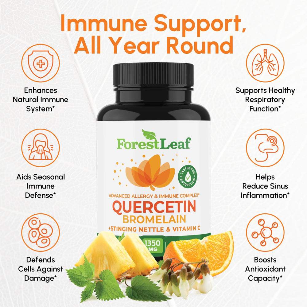 ForestLeaf Quercetin with Bromelain bottle pour highlights ready-to-use supplement for absorption.