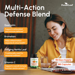 ForestLeaf Quercetin with Bromelain label features Vitamin C and nettle blend for daily wellness.