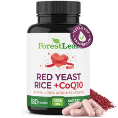 ForestLeaf Red Yeast Rice with CoQ10 bottle highlights daily energy potential.
