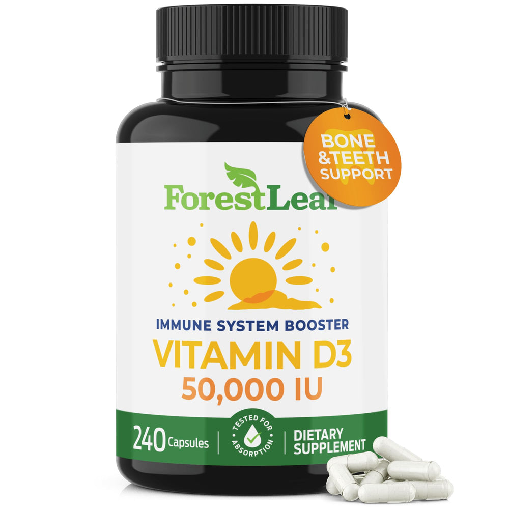 ForestLeaf Vitamin D3 50,000 IU bottle ready for weekly use to support bone health.