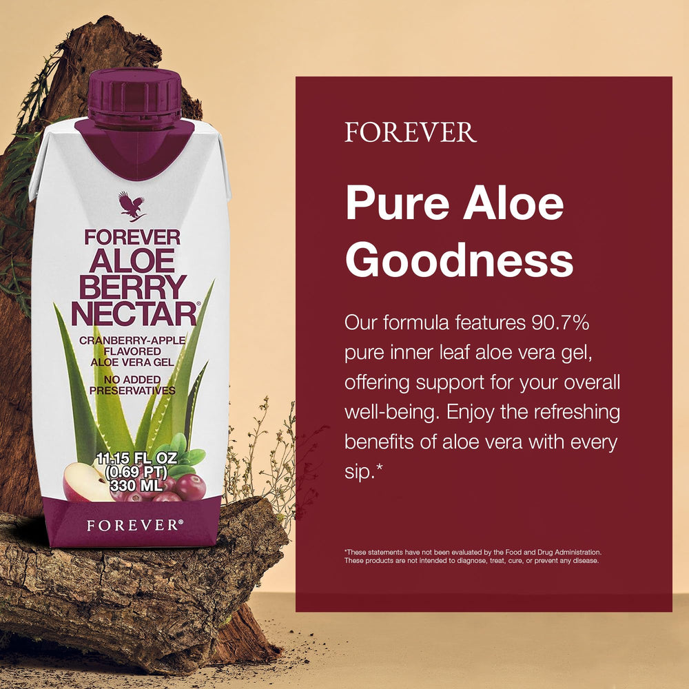 Forever Aloe Berry Nectar label close-up shows preservative-free formula.