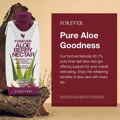 Forever Aloe Berry Nectar label close-up shows preservative-free formula.