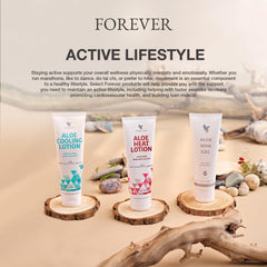 Forever Living Aloe Heat Lotion on shoulder for relief and hydration.