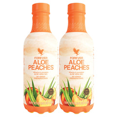 Forever Living Aloe Peaches bottle front, peach-flavored aloe hydration