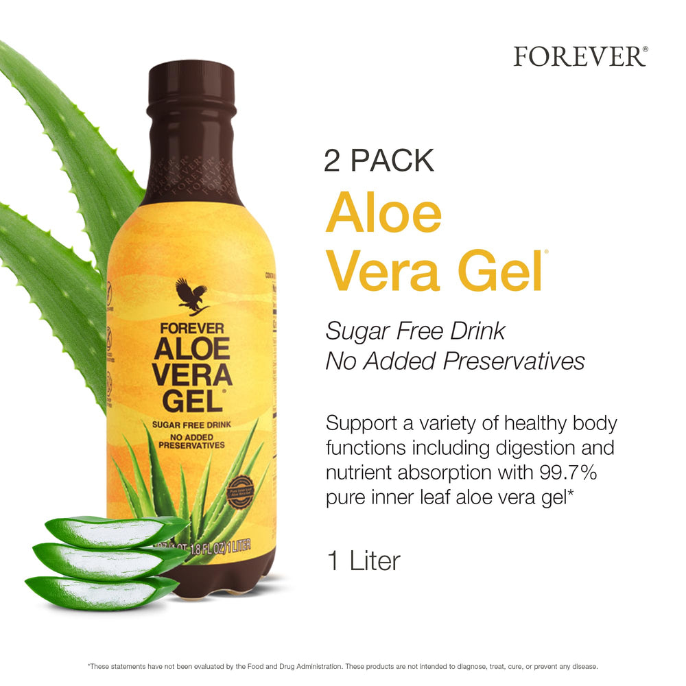 Forever Living Aloe Vera Gel bottle closeup label highlighting preservative-free inner leaf formula.
