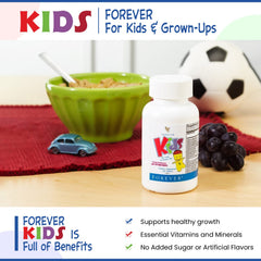 Forever Living Kids Chewable Multivitamin grape label closeup emphasizes gluten-free formulation
