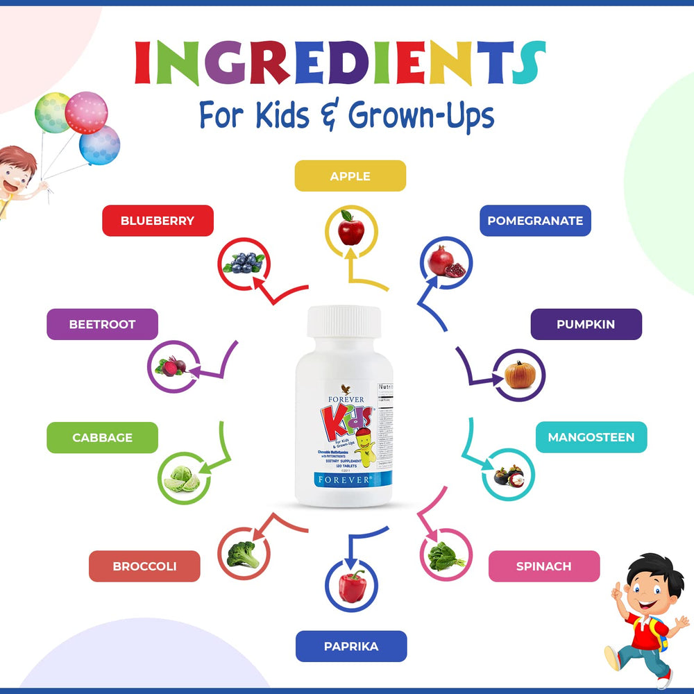 Forever Living grape-flavored multivitamin for kids on a spoon, easy daily dose