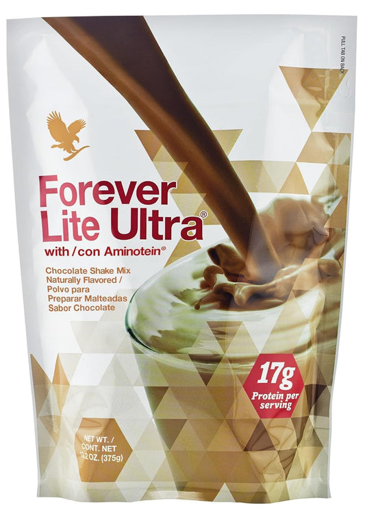Forever Living Lite Ultra Chocolate packaging highlights a convenient high-protein shake.