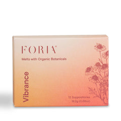 FORIA Vibrance Melts packaging on a clean surface, fragrance-free hydration for intimate care.