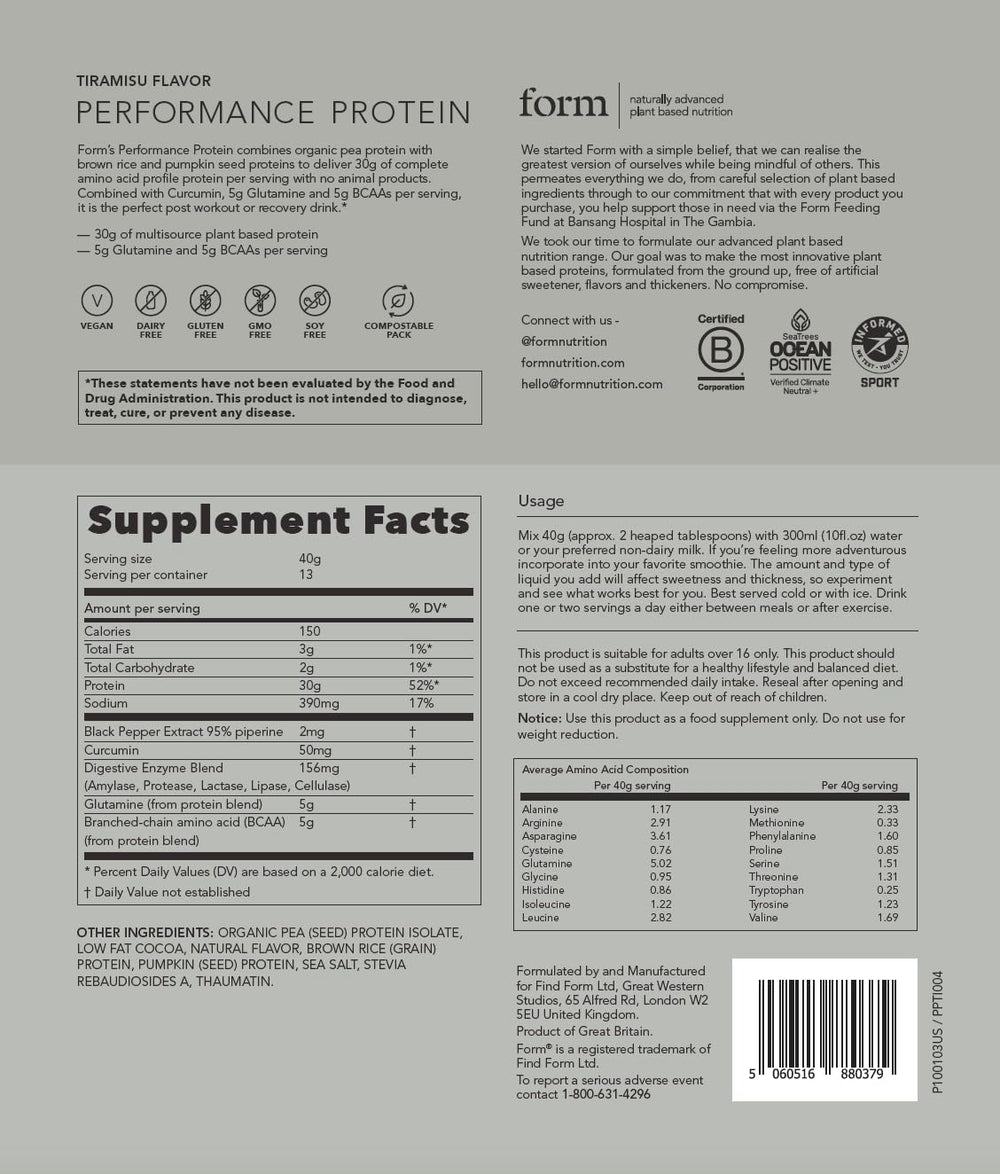 Form Performance Protein tiramisu gluten-free and dairy-free label on tub