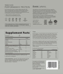 Form Performance Protein tiramisu gluten-free and dairy-free label on tub