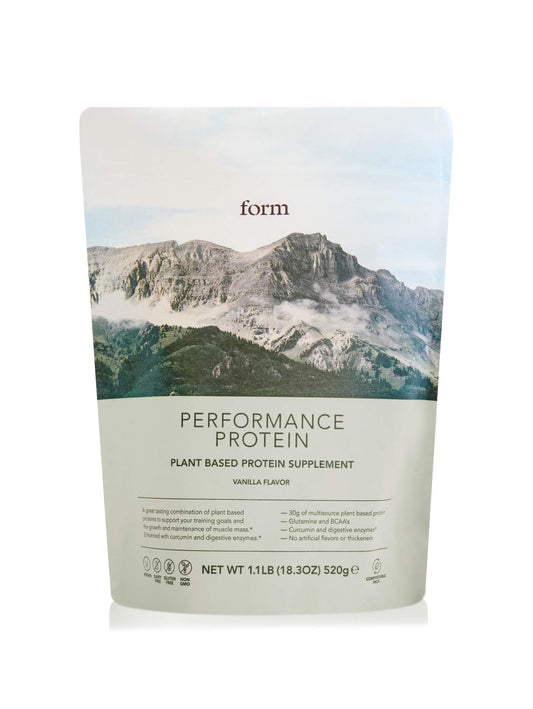 Form Performance Protein tub vanilla label shows a plant-based option for post-workout fueling.