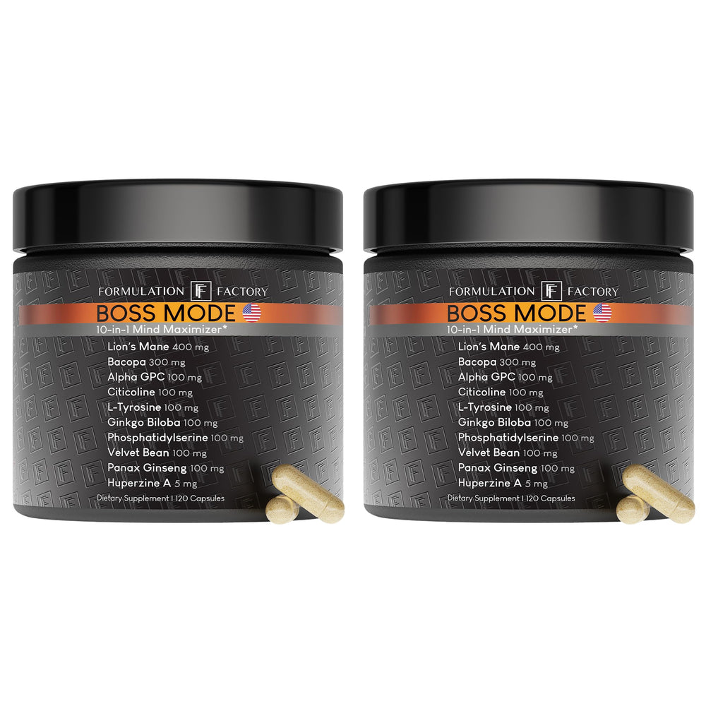 Formulation Factory BOSS Mode bottle with capsules for focused energy at work