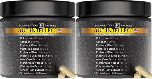 Formulation Factory Gut Intellect bottle with cap supports daily energy and gut balance.